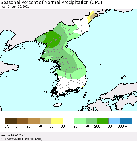 Korea Seasonal Percent of Normal Precipitation (CPC) Thematic Map For 4/1/2021 - 6/10/2021