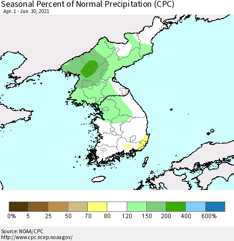 Korea Seasonal Percent of Normal Precipitation (CPC) Thematic Map For 4/1/2021 - 6/30/2021