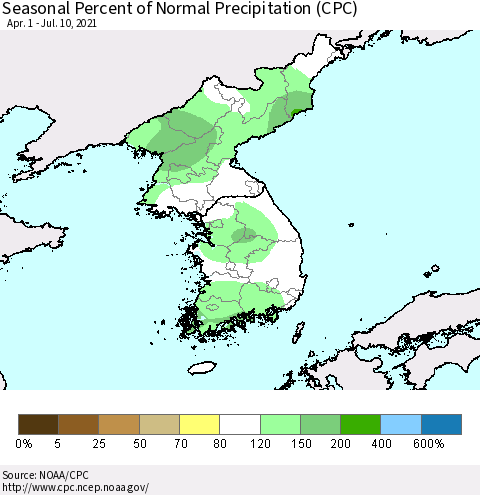 Korea Seasonal Percent of Normal Precipitation (CPC) Thematic Map For 4/1/2021 - 7/10/2021