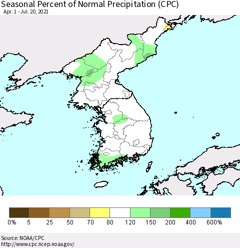 Korea Seasonal Percent of Normal Precipitation (CPC) Thematic Map For 4/1/2021 - 7/20/2021