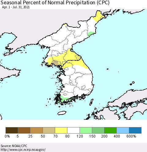 Korea Seasonal Percent of Normal Precipitation (CPC) Thematic Map For 4/1/2021 - 7/31/2021