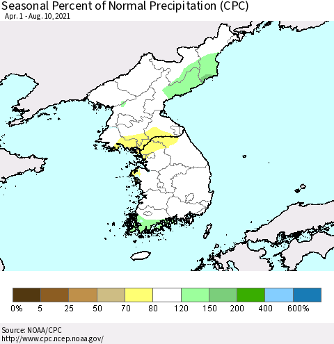 Korea Seasonal Percent of Normal Precipitation (CPC) Thematic Map For 4/1/2021 - 8/10/2021