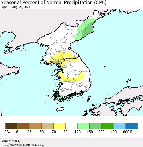 Korea Seasonal Percent of Normal Precipitation (CPC) Thematic Map For 4/1/2021 - 8/20/2021