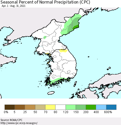 Korea Seasonal Percent of Normal Precipitation (CPC) Thematic Map For 4/1/2021 - 8/31/2021