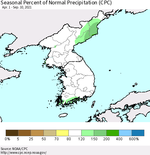 Korea Seasonal Percent of Normal Precipitation (CPC) Thematic Map For 4/1/2021 - 9/10/2021