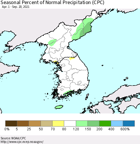 Korea Seasonal Percent of Normal Precipitation (CPC) Thematic Map For 4/1/2021 - 9/20/2021