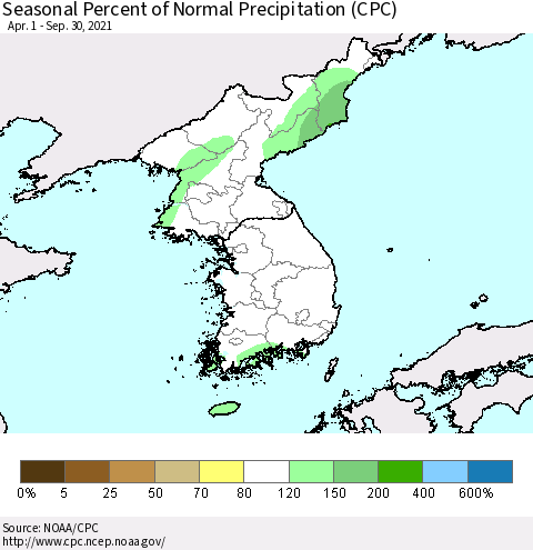 Korea Seasonal Percent of Normal Precipitation (CPC) Thematic Map For 4/1/2021 - 9/30/2021