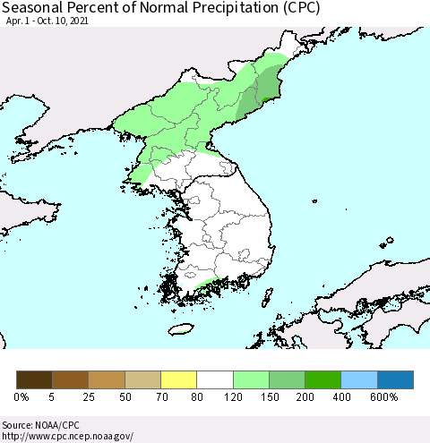 Korea Seasonal Percent of Normal Precipitation (CPC) Thematic Map For 4/1/2021 - 10/10/2021