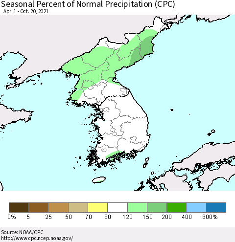 Korea Seasonal Percent of Normal Precipitation (CPC) Thematic Map For 4/1/2021 - 10/20/2021
