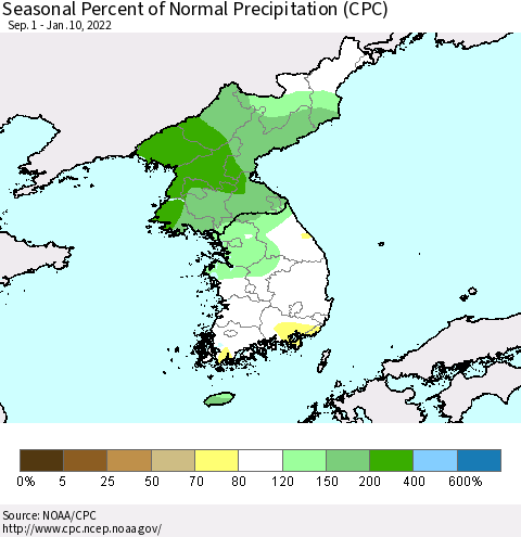 Korea Seasonal Percent of Normal Precipitation (CPC) Thematic Map For 9/1/2021 - 1/10/2022