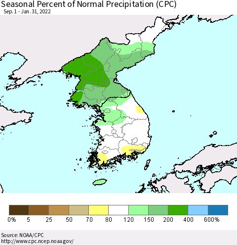 Korea Seasonal Percent of Normal Precipitation (CPC) Thematic Map For 9/1/2021 - 1/31/2022