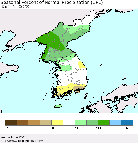 Korea Seasonal Percent of Normal Precipitation (CPC) Thematic Map For 9/1/2021 - 2/20/2022