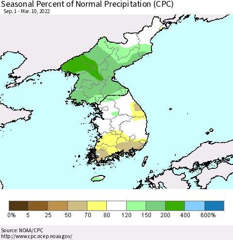 Korea Seasonal Percent of Normal Precipitation (CPC) Thematic Map For 9/1/2021 - 3/10/2022