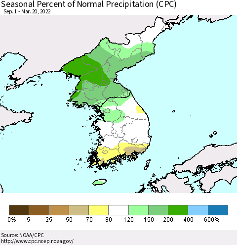 Korea Seasonal Percent of Normal Precipitation (CPC) Thematic Map For 9/1/2021 - 3/20/2022