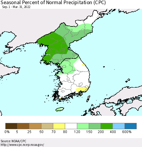 Korea Seasonal Percent of Normal Precipitation (CPC) Thematic Map For 9/1/2021 - 3/31/2022