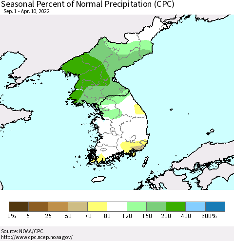 Korea Seasonal Percent of Normal Precipitation (CPC) Thematic Map For 9/1/2021 - 4/10/2022