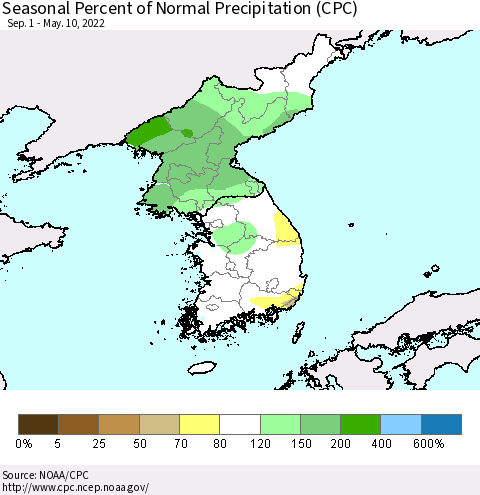 Korea Seasonal Percent of Normal Precipitation (CPC) Thematic Map For 9/1/2021 - 5/10/2022