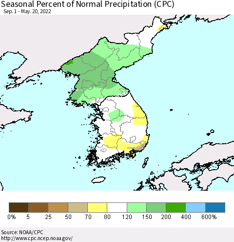 Korea Seasonal Percent of Normal Precipitation (CPC) Thematic Map For 9/1/2021 - 5/20/2022
