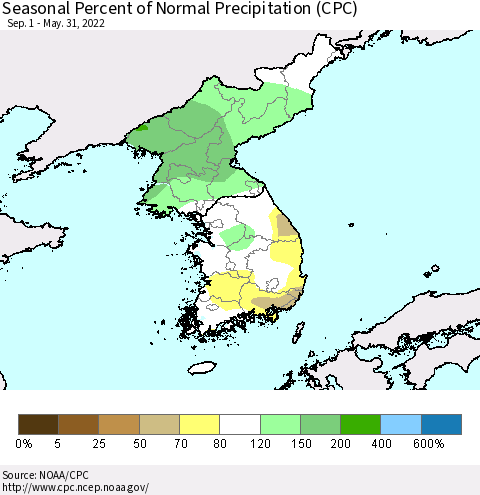 Korea Seasonal Percent of Normal Precipitation (CPC) Thematic Map For 9/1/2021 - 5/31/2022