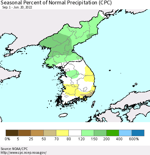 Korea Seasonal Percent of Normal Precipitation (CPC) Thematic Map For 9/1/2021 - 6/20/2022