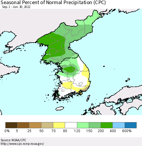 Korea Seasonal Percent of Normal Precipitation (CPC) Thematic Map For 9/1/2021 - 6/30/2022