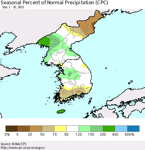 Korea Seasonal Percent of Normal Precipitation (CPC) Thematic Map For 9/1/2021 - 9/20/2021