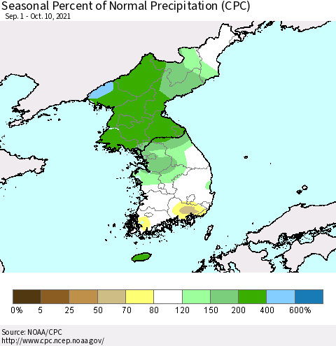 Korea Seasonal Percent of Normal Precipitation (CPC) Thematic Map For 9/1/2021 - 10/10/2021