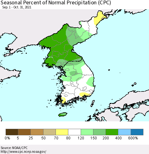 Korea Seasonal Percent of Normal Precipitation (CPC) Thematic Map For 9/1/2021 - 10/31/2021