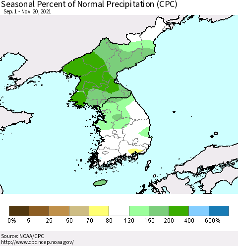 Korea Seasonal Percent of Normal Precipitation (CPC) Thematic Map For 9/1/2021 - 11/20/2021