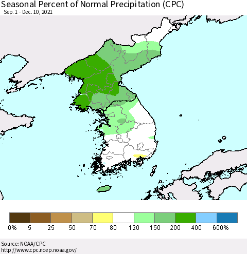 Korea Seasonal Percent of Normal Precipitation (CPC) Thematic Map For 9/1/2021 - 12/10/2021