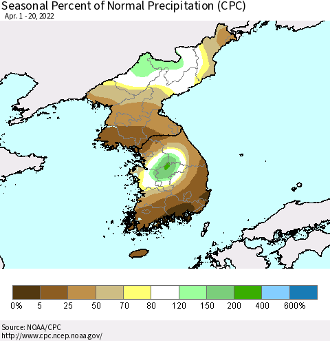 Korea Seasonal Percent of Normal Precipitation (CPC) Thematic Map For 4/1/2022 - 4/20/2022