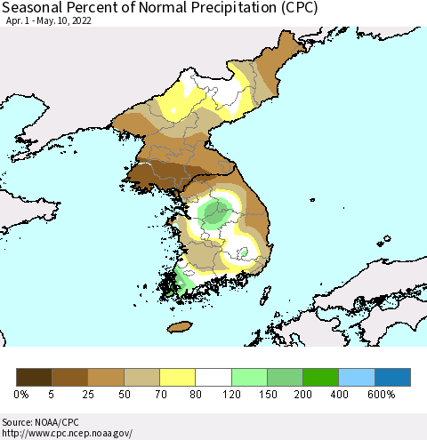 Korea Seasonal Percent of Normal Precipitation (CPC) Thematic Map For 4/1/2022 - 5/10/2022