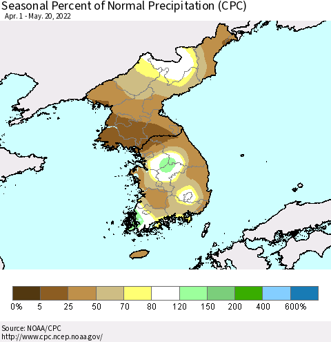 Korea Seasonal Percent of Normal Precipitation (CPC) Thematic Map For 4/1/2022 - 5/20/2022