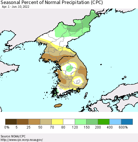 Korea Seasonal Percent of Normal Precipitation (CPC) Thematic Map For 4/1/2022 - 6/10/2022