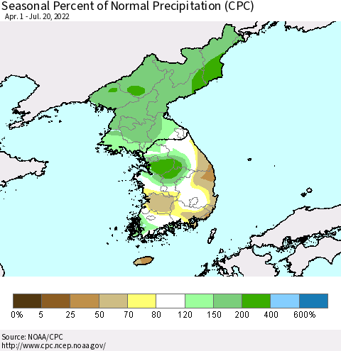 Korea Seasonal Percent of Normal Precipitation (CPC) Thematic Map For 4/1/2022 - 7/20/2022