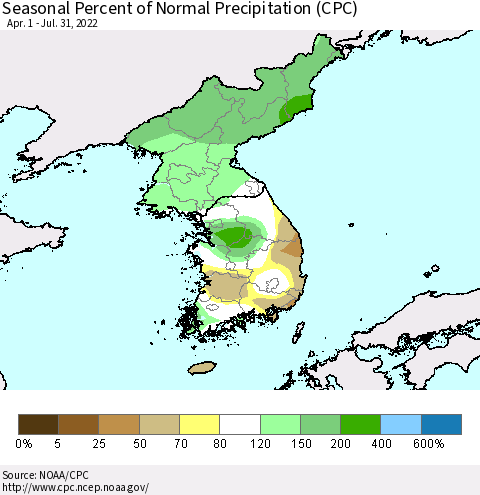 Korea Seasonal Percent of Normal Precipitation (CPC) Thematic Map For 4/1/2022 - 7/31/2022