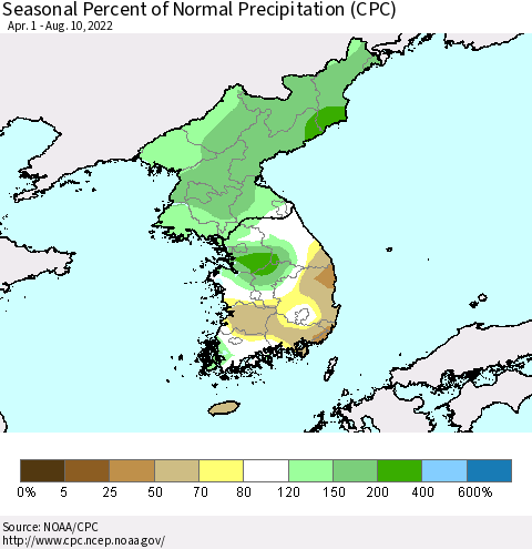 Korea Seasonal Percent of Normal Precipitation (CPC) Thematic Map For 4/1/2022 - 8/10/2022