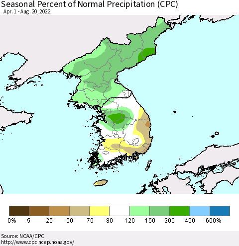 Korea Seasonal Percent of Normal Precipitation (CPC) Thematic Map For 4/1/2022 - 8/20/2022