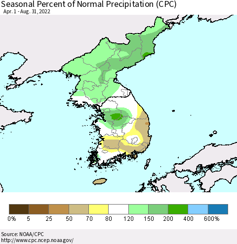Korea Seasonal Percent of Normal Precipitation (CPC) Thematic Map For 4/1/2022 - 8/31/2022