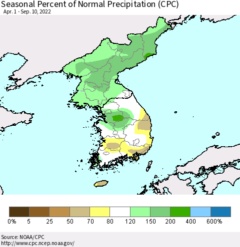 Korea Seasonal Percent of Normal Precipitation (CPC) Thematic Map For 4/1/2022 - 9/10/2022