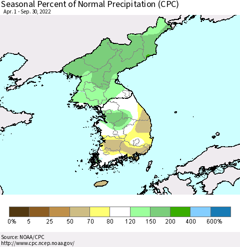 Korea Seasonal Percent of Normal Precipitation (CPC) Thematic Map For 4/1/2022 - 9/30/2022