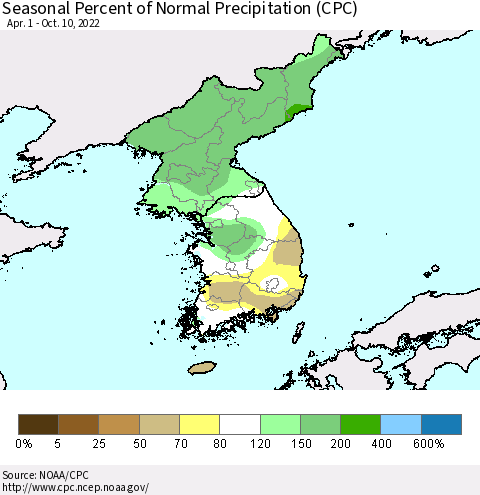 Korea Seasonal Percent of Normal Precipitation (CPC) Thematic Map For 4/1/2022 - 10/10/2022