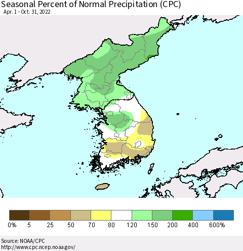 Korea Seasonal Percent of Normal Precipitation (CPC) Thematic Map For 4/1/2022 - 10/31/2022