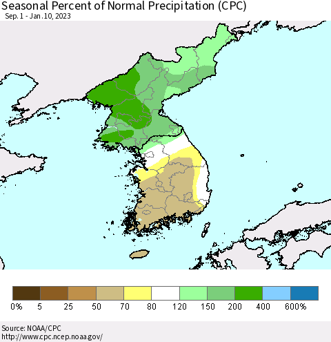 Korea Seasonal Percent of Normal Precipitation (CPC) Thematic Map For 9/1/2022 - 1/10/2023