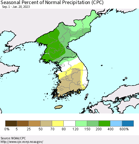 Korea Seasonal Percent of Normal Precipitation (CPC) Thematic Map For 9/1/2022 - 1/20/2023