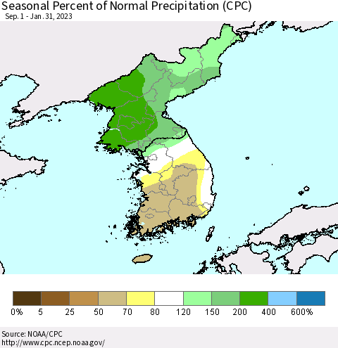 Korea Seasonal Percent of Normal Precipitation (CPC) Thematic Map For 9/1/2022 - 1/31/2023