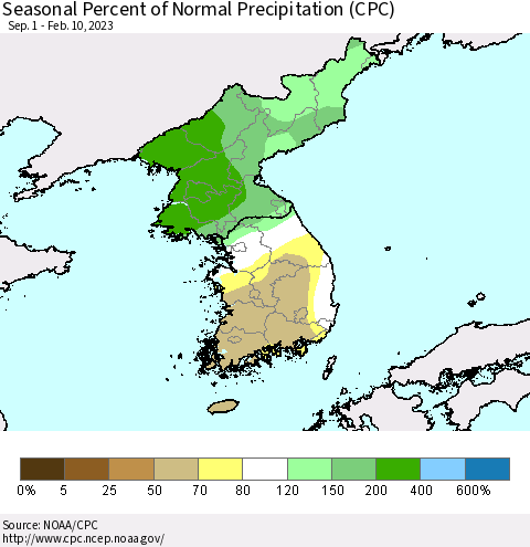 Korea Seasonal Percent of Normal Precipitation (CPC) Thematic Map For 9/1/2022 - 2/10/2023