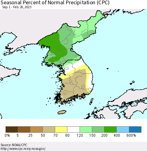 Korea Seasonal Percent of Normal Precipitation (CPC) Thematic Map For 9/1/2022 - 2/20/2023