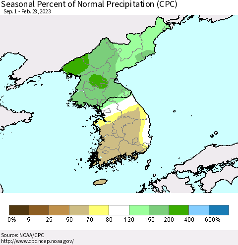 Korea Seasonal Percent of Normal Precipitation (CPC) Thematic Map For 9/1/2022 - 2/28/2023