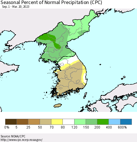 Korea Seasonal Percent of Normal Precipitation (CPC) Thematic Map For 9/1/2022 - 3/20/2023